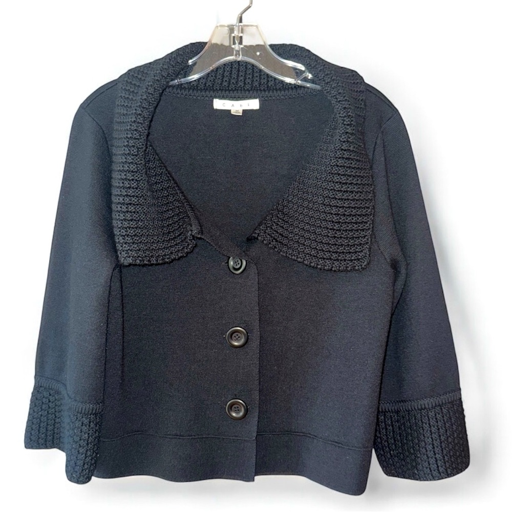 Cabi Cardigan Sweater Womans M
Black Cropped Wool Jackie O 502 Lux
Chic Collared
